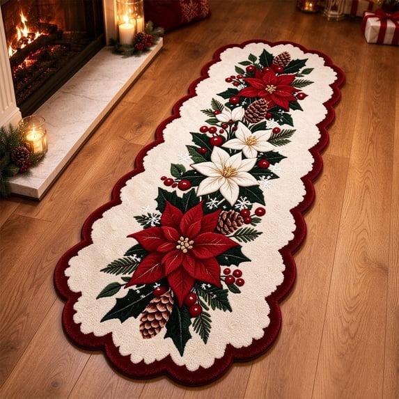 Christmas Runner Rug, 47.2 Inch Poinsettia Floor Mat, Holiday Decoration for Hallway Entryway Fireplace M