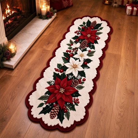 Christmas Runner Rug, 47.2 Inch Poinsettia Floor Mat, Holiday Decoration for Hallway Entryway Fireplace S