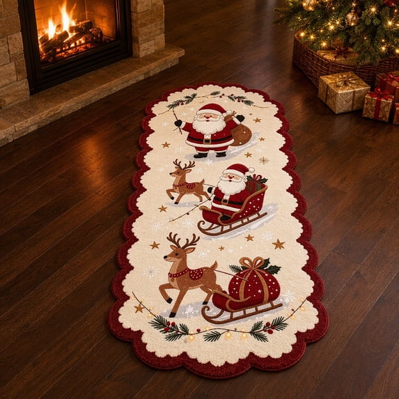 Christmas Runner Rug, 47.2 Inch Santa Reindeer Floor Mat, Holiday Decoration for Hallway Entryway B