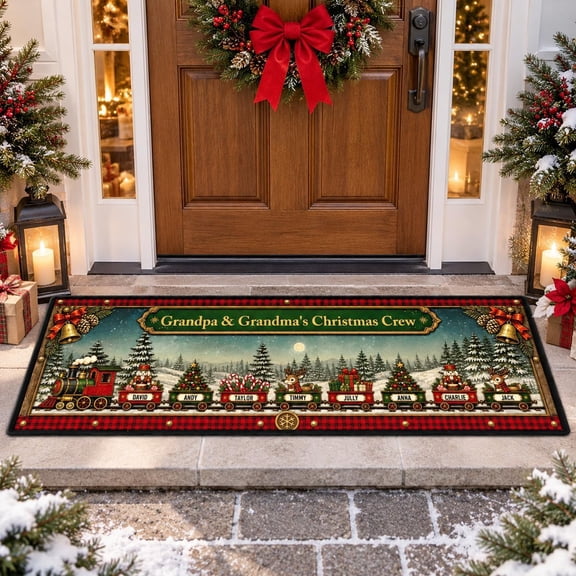 Christmas Runner Rug, Custom Family Name Train Doormat Gift for Grandparents, Non Slip Entryway Mat.