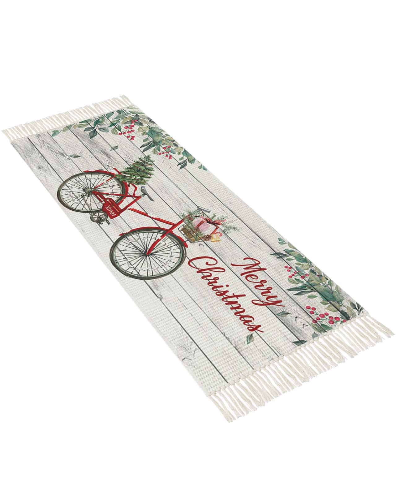 Christmas Runner Rug for Hallway 2x4ft, Merry Christmas Bicycle Holly