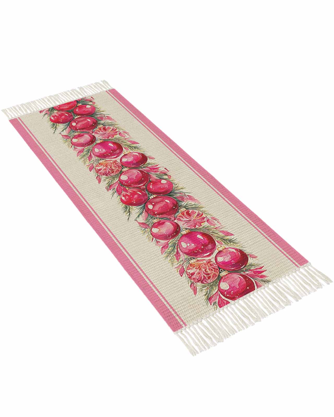 Christmas Runner Rug for Hallway 2x4ft, Pink Christmas Balls Poinsettia