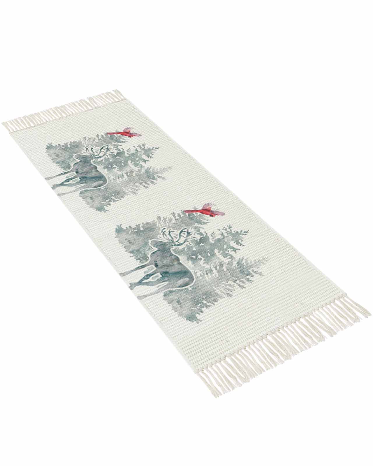 Christmas Runner Rug for Hallway 2x5ft, Christmas Elk Xmas Tree Red