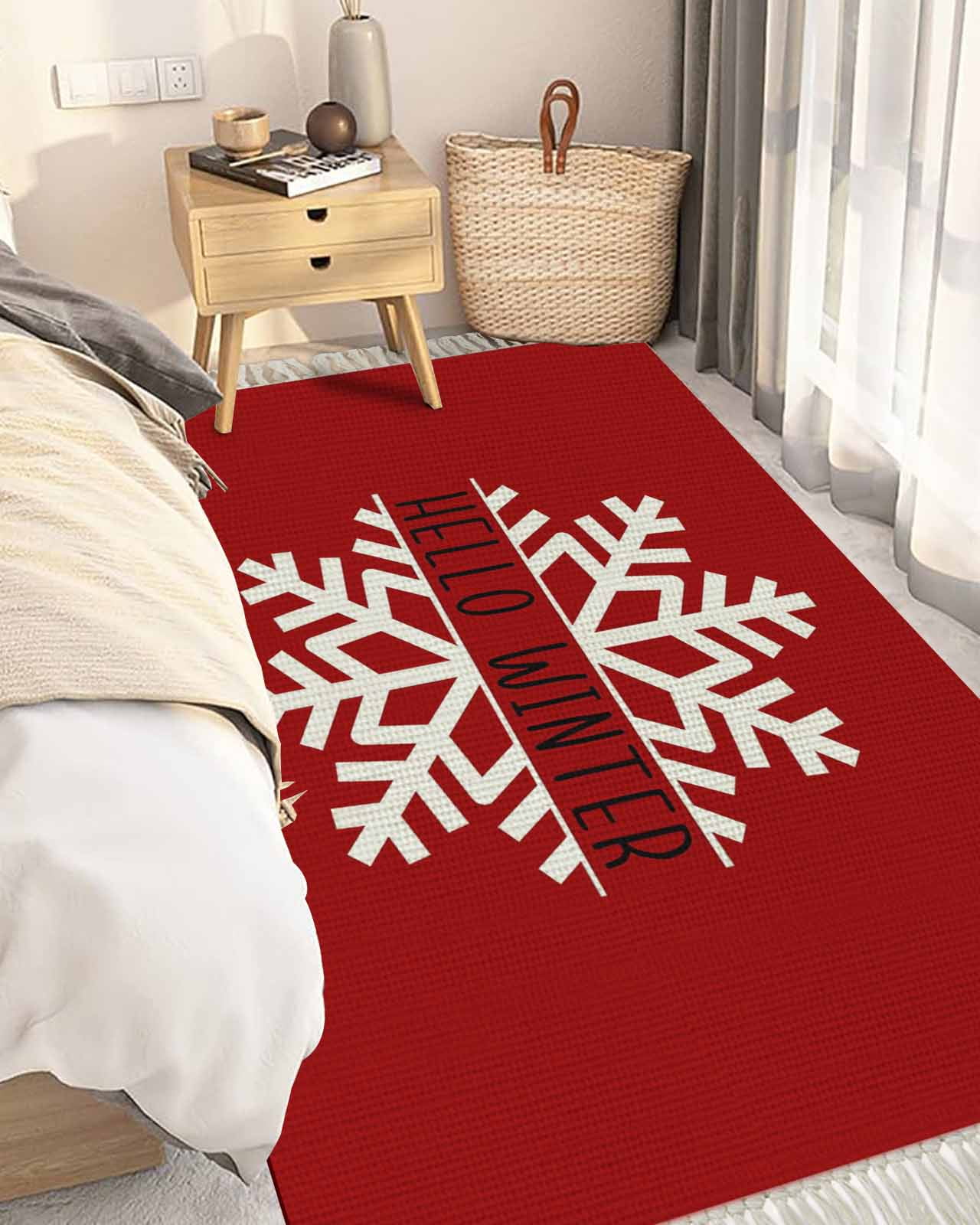 Christmas Runner Rug for Hallway 4x6ft, Hello Winter Snowflake Red ...