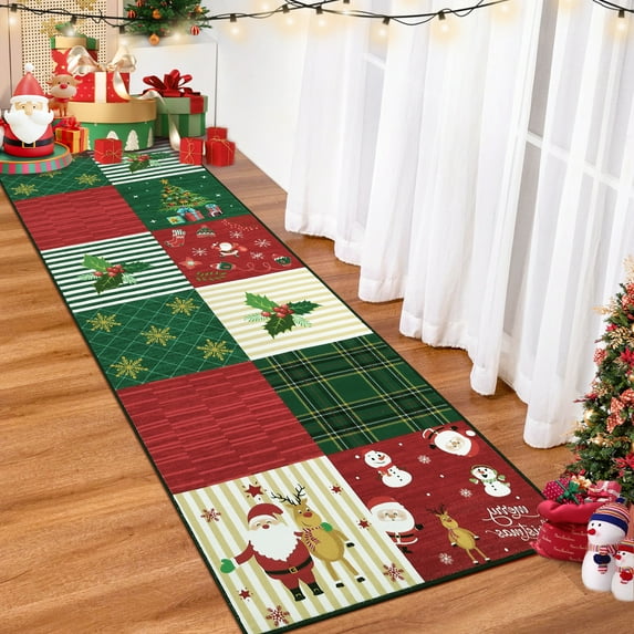 Christmas Runner Rug Hallway Rug Xmas Runner Kitchen Rug Washable Area Rug Non Slip Carpet Snowman Stocking Santa Claus Soft Rug for Bathroom Laundry Living Room