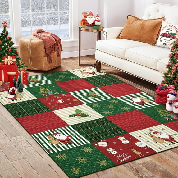 Christmas Runner Rug Hallway Rug Xmas Runner Kitchen Rug Washable Area Rug Non Slip Carpet Snowman Stocking Santa Claus Soft Rug for Bathroom Laundry Living Room
