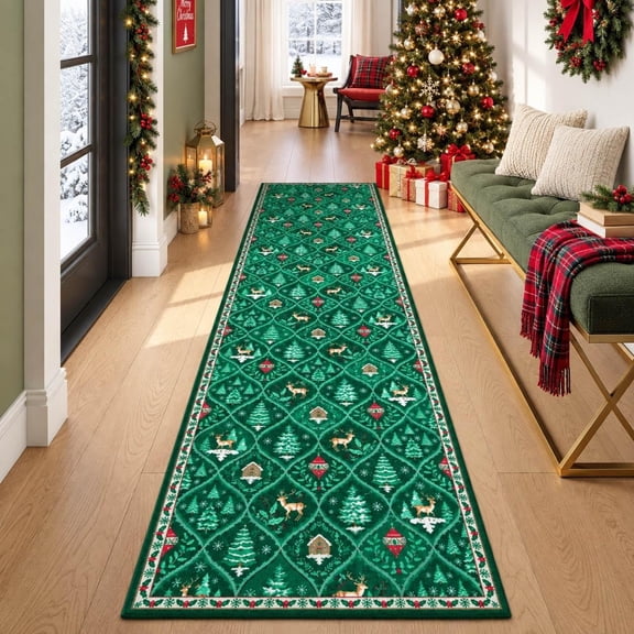 Christmas Runner Rug – Soft Non-Slip Entryway Hallway Carpet for Home Decor, Long Floor Mat Adds Seasonal Warmth to Foyers, Living Areas, and Corridors with a Cozy Festive Surface(Z)