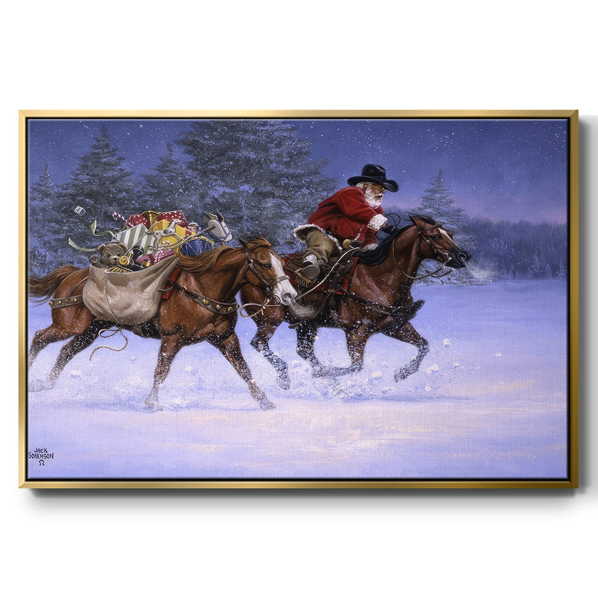 Christmas Rush - Framed Gallery Wrapped Holiday Canvas - 17 x 25 - Gold Frame