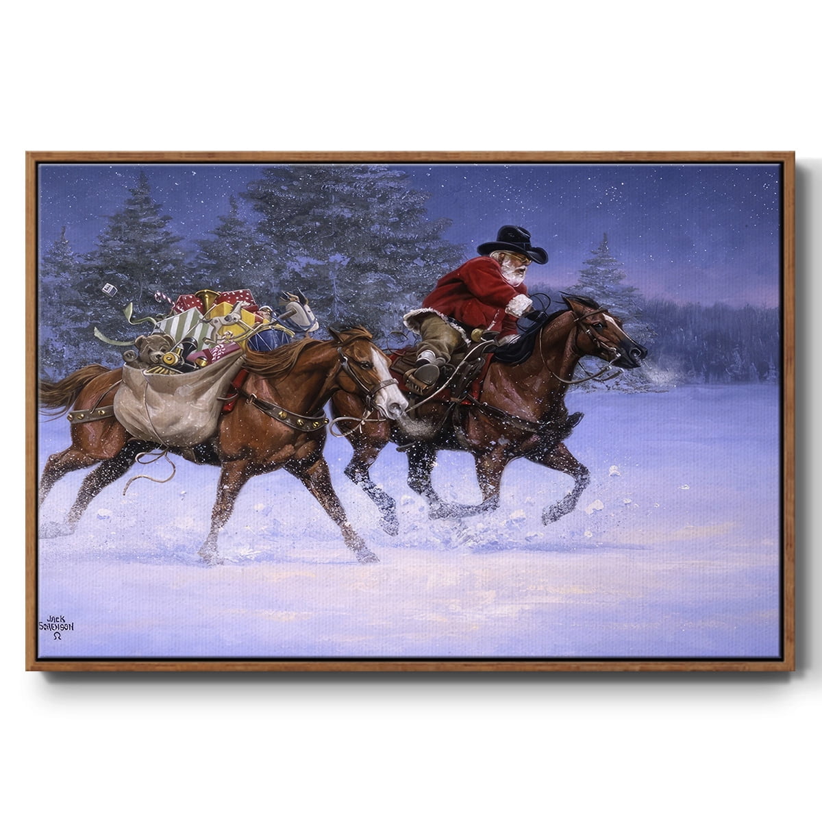 Christmas Rush - Framed Gallery Wrapped Holiday Canvas - 17 x 25 - Rosewood Frame