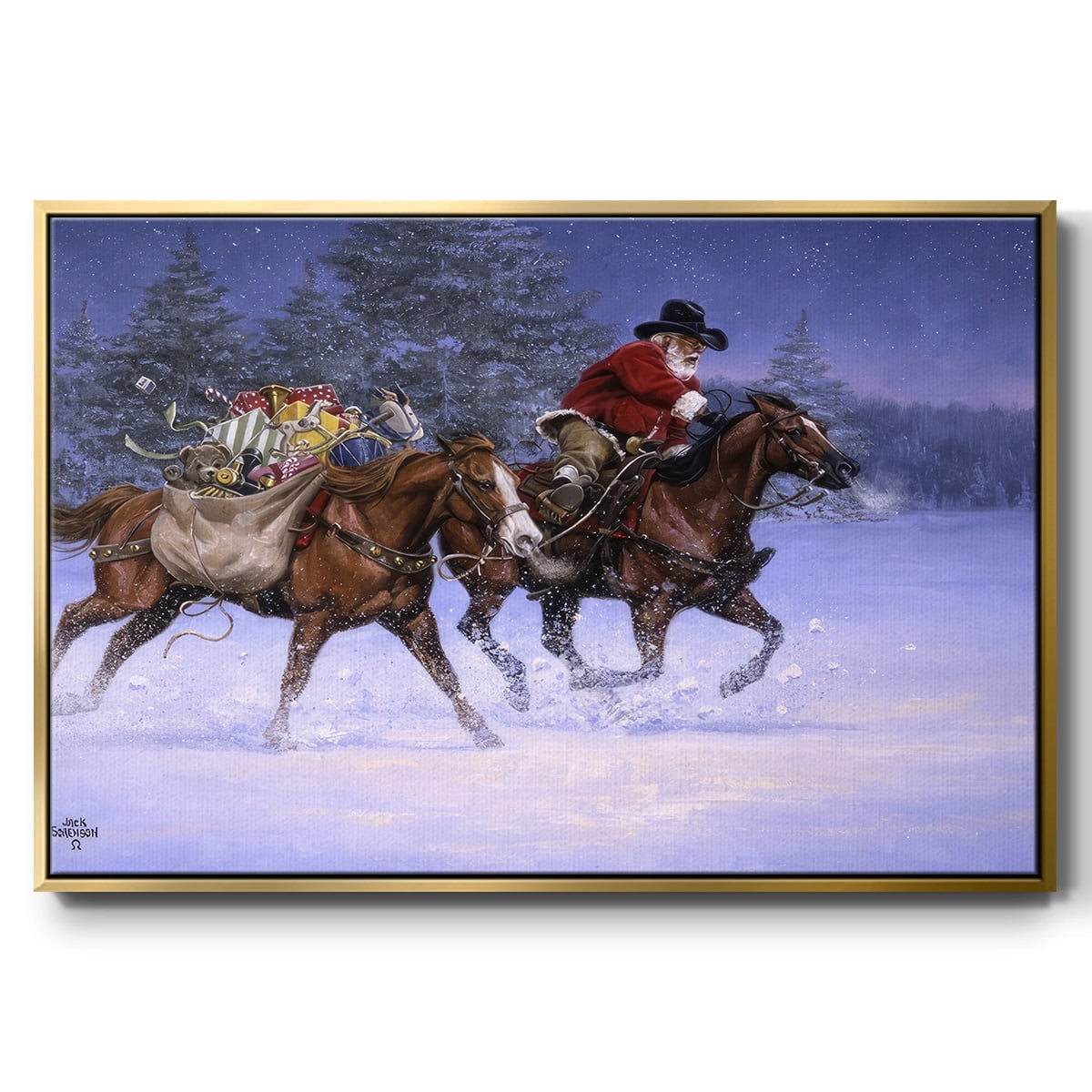 Christmas Rush - Framed Gallery Wrapped Holiday Canvas - 25 x 37 - Gold Frame