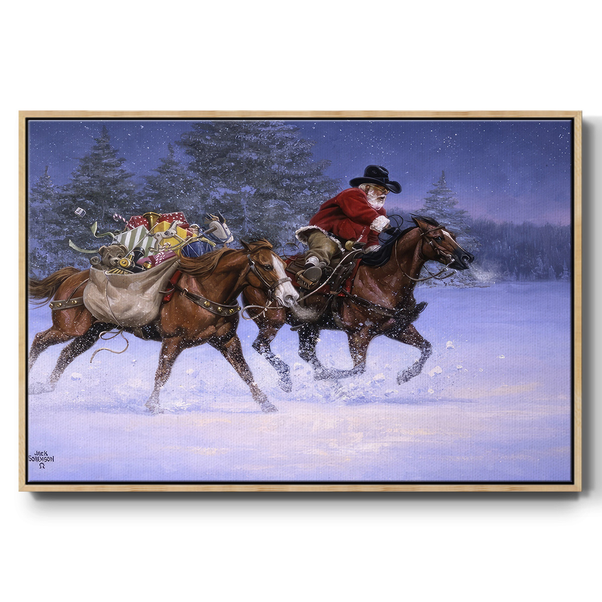 Christmas Rush - Framed Gallery Wrapped Holiday Canvas - 25 x 37 - Natural Wood Frame