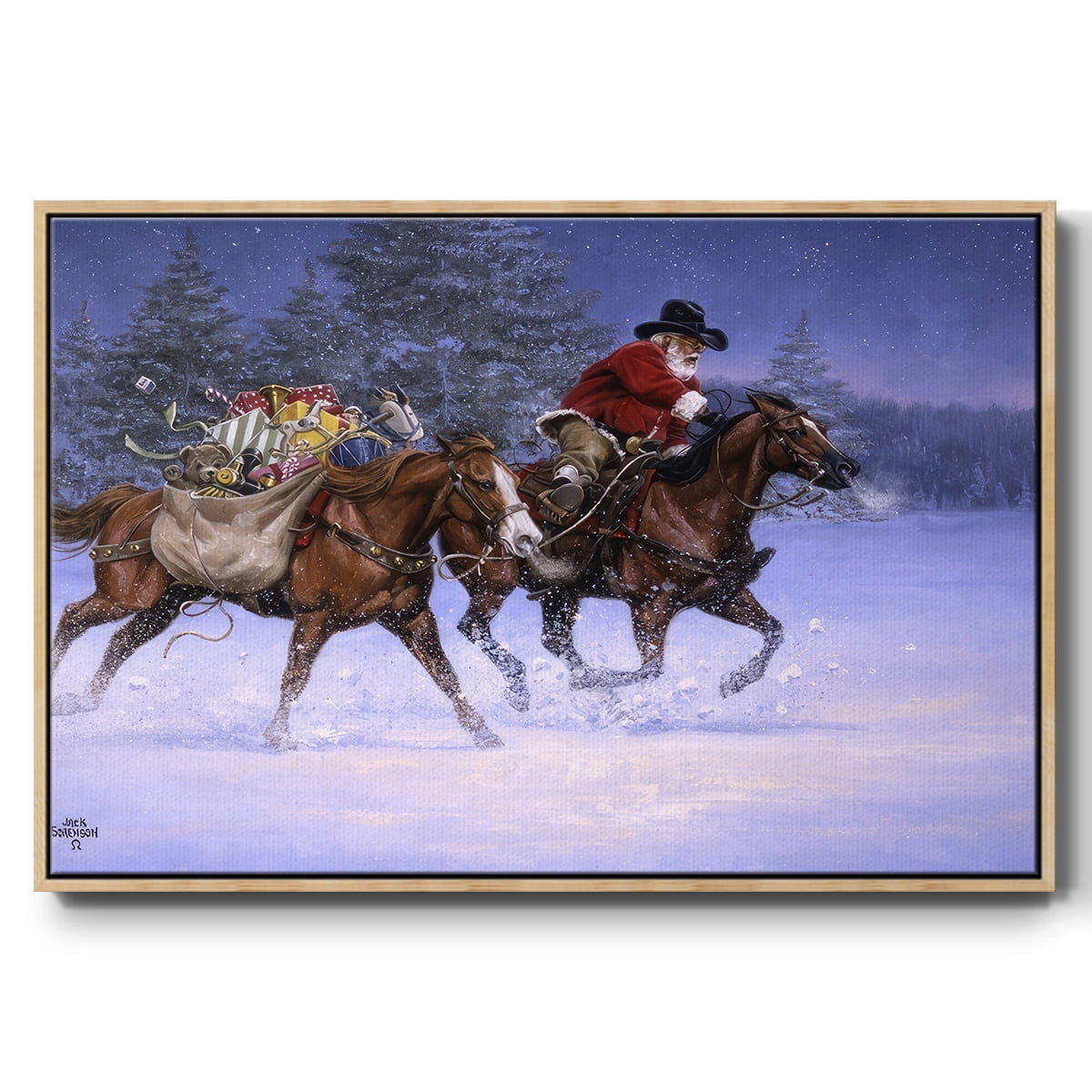 Christmas Rush - Framed Gallery Wrapped Holiday Canvas - 27 x 41 - Natural Wood Frame