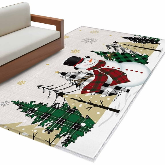 Christmas Rustic, 3'x5' Washable Rug, Winter Snowman Gold Snowflake Non ...