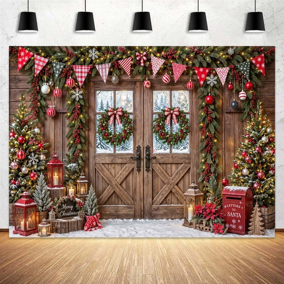 Christmas Rustic Backdrop Winter Barn Wood Door Xmas Tree Snow Background Winter Christmas Party Decoration Family Holiday Cake Table Banner, 7x5ft
