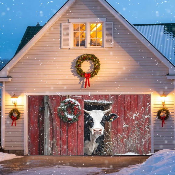 Christmas Rustic Garage Door Banner Covers, Farmhouse Wreath Cow Red Wood Grain Design Large Hanging Indoor/Outdoor Backdrop Background for Christmas Winter Party Decor, 6.9x8 FT