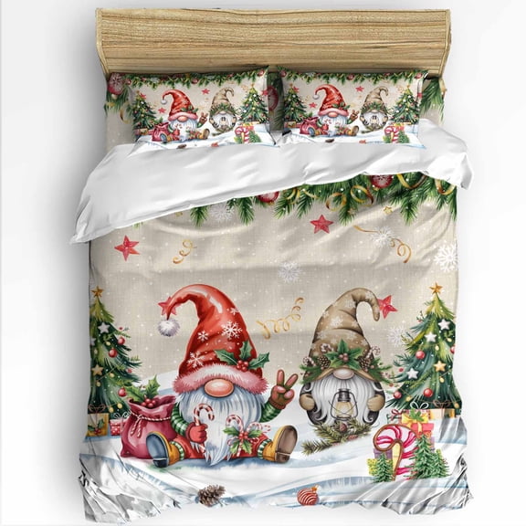 Christmas Rustic Gnomes Queen Size Comforter Set, Xmas Tree Snowflake Pine Needle Soft Bedding for All Seasons, 4 Pcs Bed Set with 1Comforter (90"x92") ,1 Sheet(94"x116"), 2 Pillowcases (19"x29")