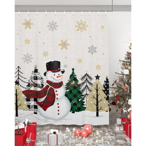 Christmas Rustic, Long Shower Curtain Set, Waterproof Shower Curtains for Bathroom, Winter Snowman Gold Snowflake Washable Fabric Cloth Bath Curtain for Bathtub Decoration with Hooks 72x84 Inches