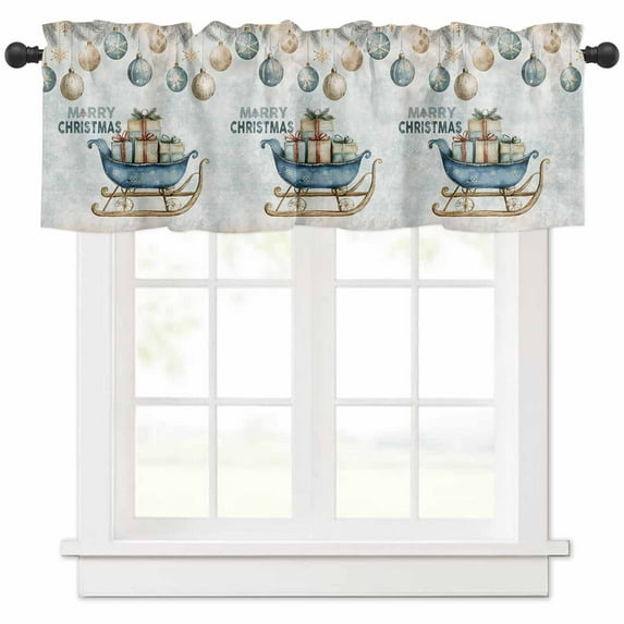 Christmas Rustic Valances for Windows, Watercolor Christmas Balls Blue Sled Snowflake Pattern Light Filtering Window Treatment Valances, Rod Pocket Small Curtains for Kitchen/Bathroom, 54"x18"