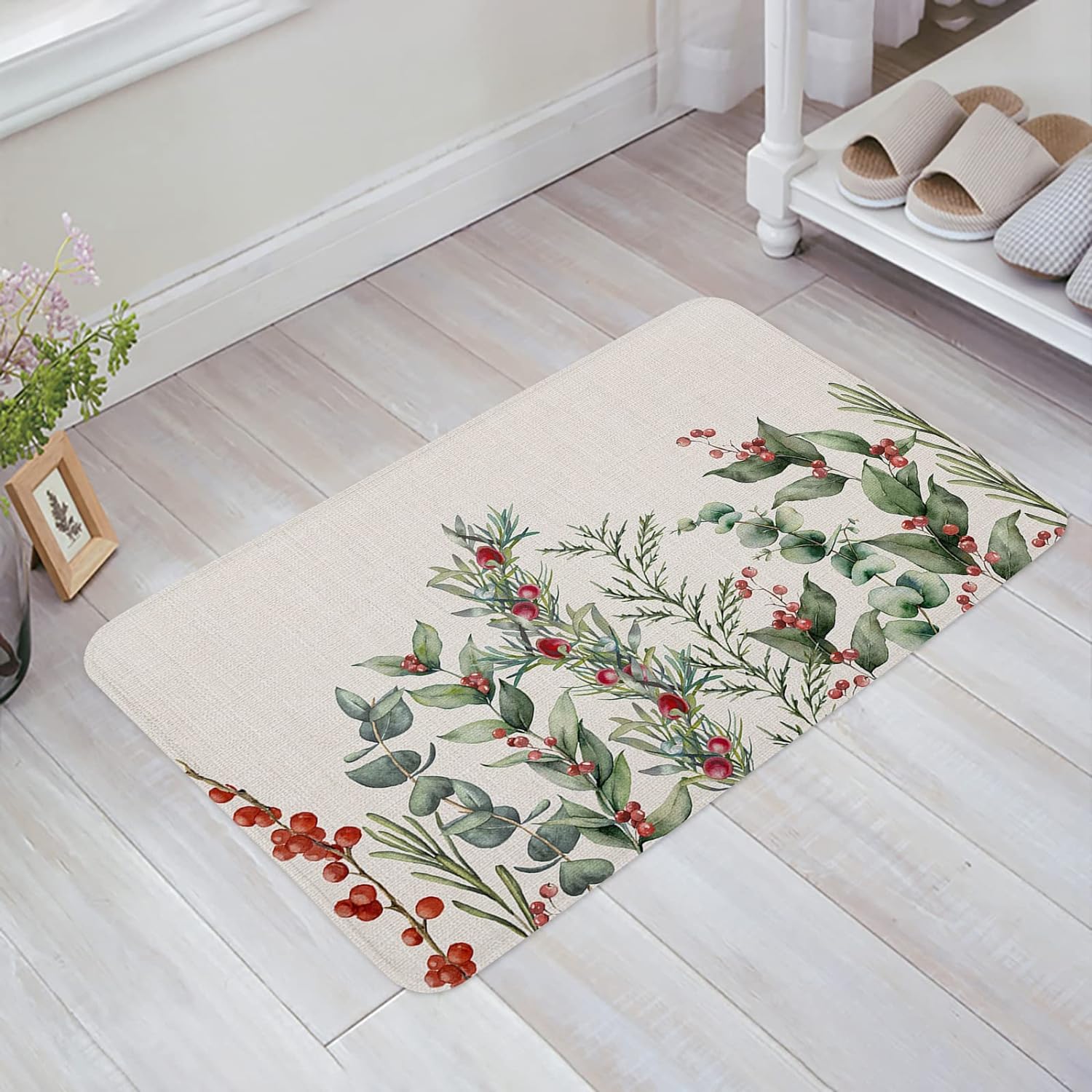 Christmas Rustic Winter Eucalyptus Botanical Flowers Indoor Doormat Non