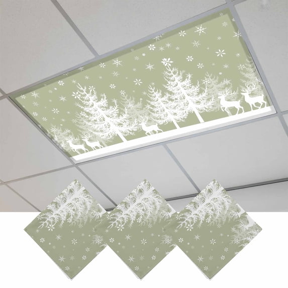 Christmas Sage Green Fluorescent Light Covers, White Xmas Tree Elk Winter Snowflake Magnetic Light Covers for Ceiling Lights, Fluorescent Ceiling Shade for Classroom Bedroom Office 4x2Ft x 3PCS