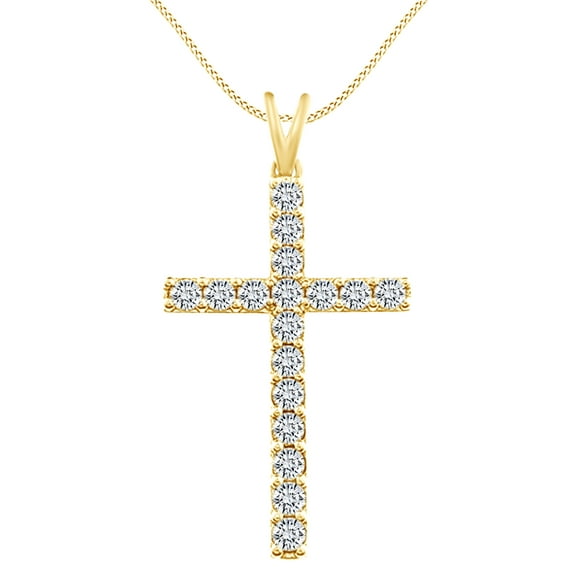 AFFY Christmas Sale 1 Carat (Ctw) Round White Natural Diamond Cross Pendant Necklace In 10k Solid Yellow Gold
