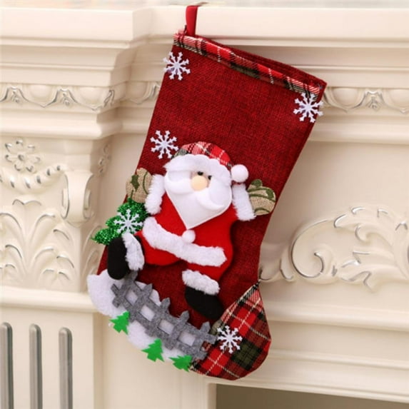 Christmas Sale! 12" Christmas Stocking, Classic Linen Fireplace Hanging Stocking Snowflake Santa Snowman Reindeer Hanging Ornament Socks for Xmas Holiday Party Decoration