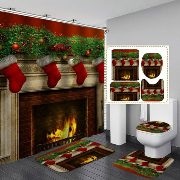 Christmas Sale! 4 Pcs Christmas Shower Curtain Sets with Rugs Red Truck with Xmas Tree Red Ball Farmhouse Shower Curtain Waterproof Bathroom Set with Hooks Toilet Lid Cover Bath Mat
