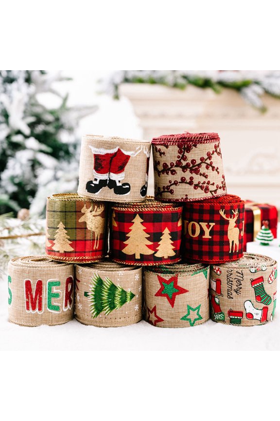 Christmas Sale! Christmas Burlap Ribbon Wired Edged Xmas Tree Ornaments Red White Brown for Wreaths Bows Gift 2.4 Inch X 5.5 Yards (per roll)