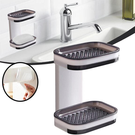 Christmas Sale, Hilingoto Bar Soap Holder for Shower, Adhesive Wall Mounted Draining Soap Dish, Removable Drip Tray, No Drill Installation Plastic Soap Box, Grey Double Layer