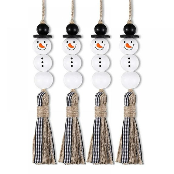 Christmas Sale! Snowman Bead Garland Christmas Tree Ornaments Xmas Wooden Farmhouse Bead Rustic Hanging Bead Plaid Bead Tassel for Christmas Hanging Party Decor (Black and White Plaid, 4)