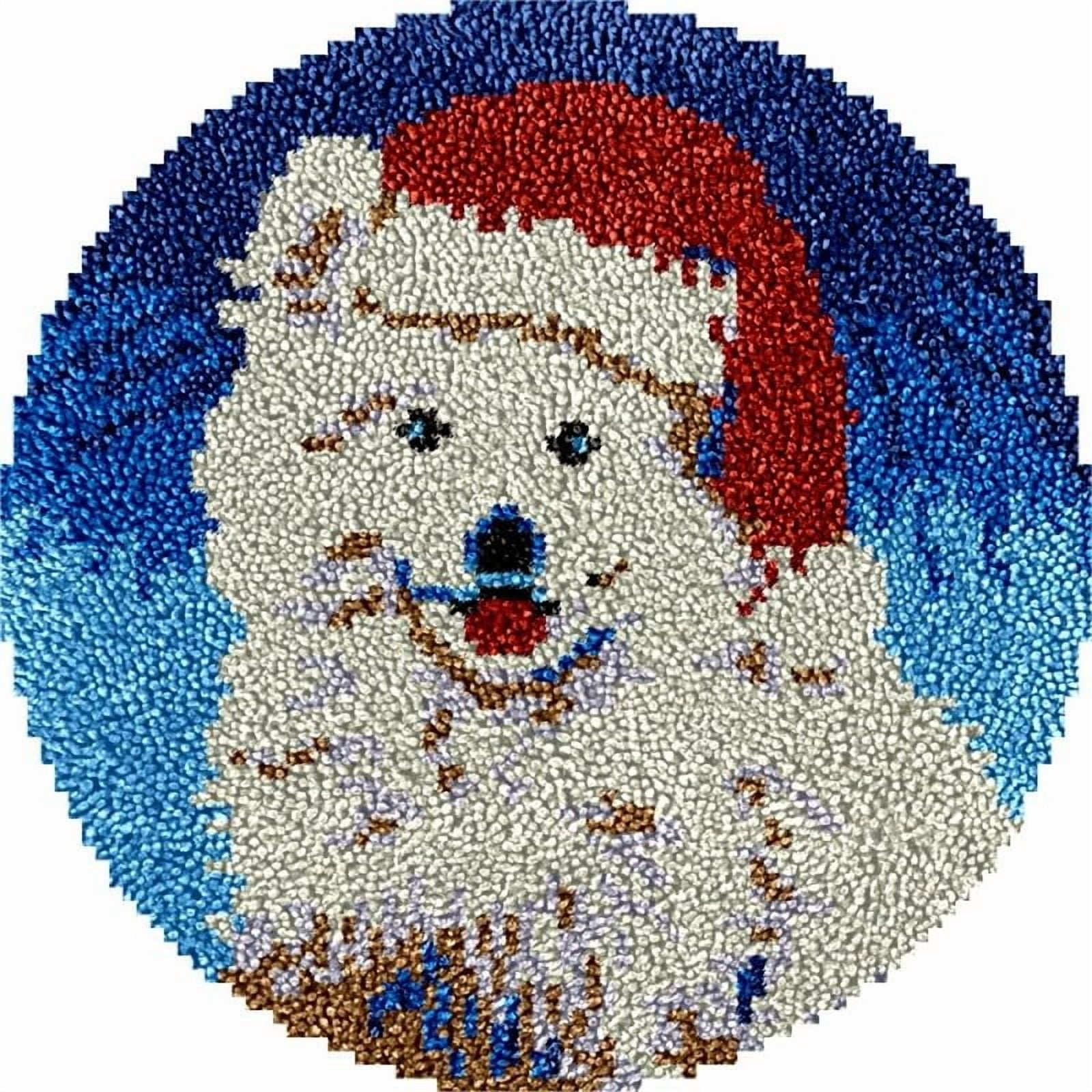 Christmas Samoyed Round Shape Latch Hook Rug Kits Set for Starter Crochet Hook Cushion Mat Sofa Seat Cushion Crocheting Kits with Preprinted Canvas Crochet Yarn Kits 50X50cm (ui159)