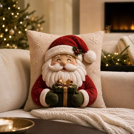 Christmas Santa 3D Throw Pillow Cover, 17.72 Inch Linen Cushion Case with Cartoon Design, Winter Holiday Decor for Sofa Bed