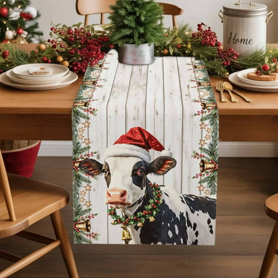 Christmas Santa Animal on Wood Barn Table Runner 13x48in Non-Slip Cotton Linen Table Runners, Gray Dresser Scarves TableRunner for Dinner Kitchen Dining Wedding Party
