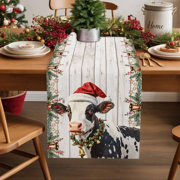 Christmas Santa Animal on Wood Barn Table Runner 14x72in Non-Slip Cotton Linen Table Runners, Gray Dresser Scarves TableRunner for Dinner Kitchen Dining Wedding Party
