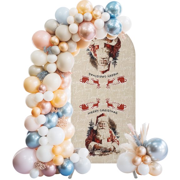 Christmas Santa Arch Backdrop Cover 7.2x4 Ft, Spandex Wedding Arch Stand Cover, Xmas Tree Elk WInter Snowflake Rustic Round Top Stretch Fitted Background Covers for Birthday Ceremony Party Decor