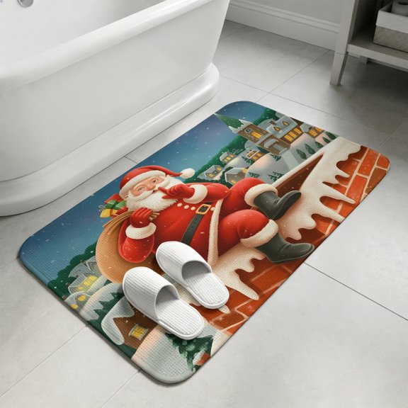 Christmas Santa Bathroom Rugs Non Slip Washable Bath Mat Absorbent Low Pile Front Door Mat Xmas Winter Town Night Moon Indoor Doormat for Kitchen Entryway Shower Decor Accessories 15.7"x23.6"