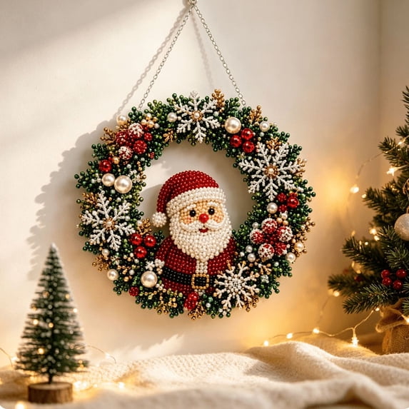 Christmas Santa Beaded Wreath DIY Kit, 2026 Complete Hand‑Beaded Front Door Wreath Craft Supplies, Festive Holiday Wall Hanging Decoration Set