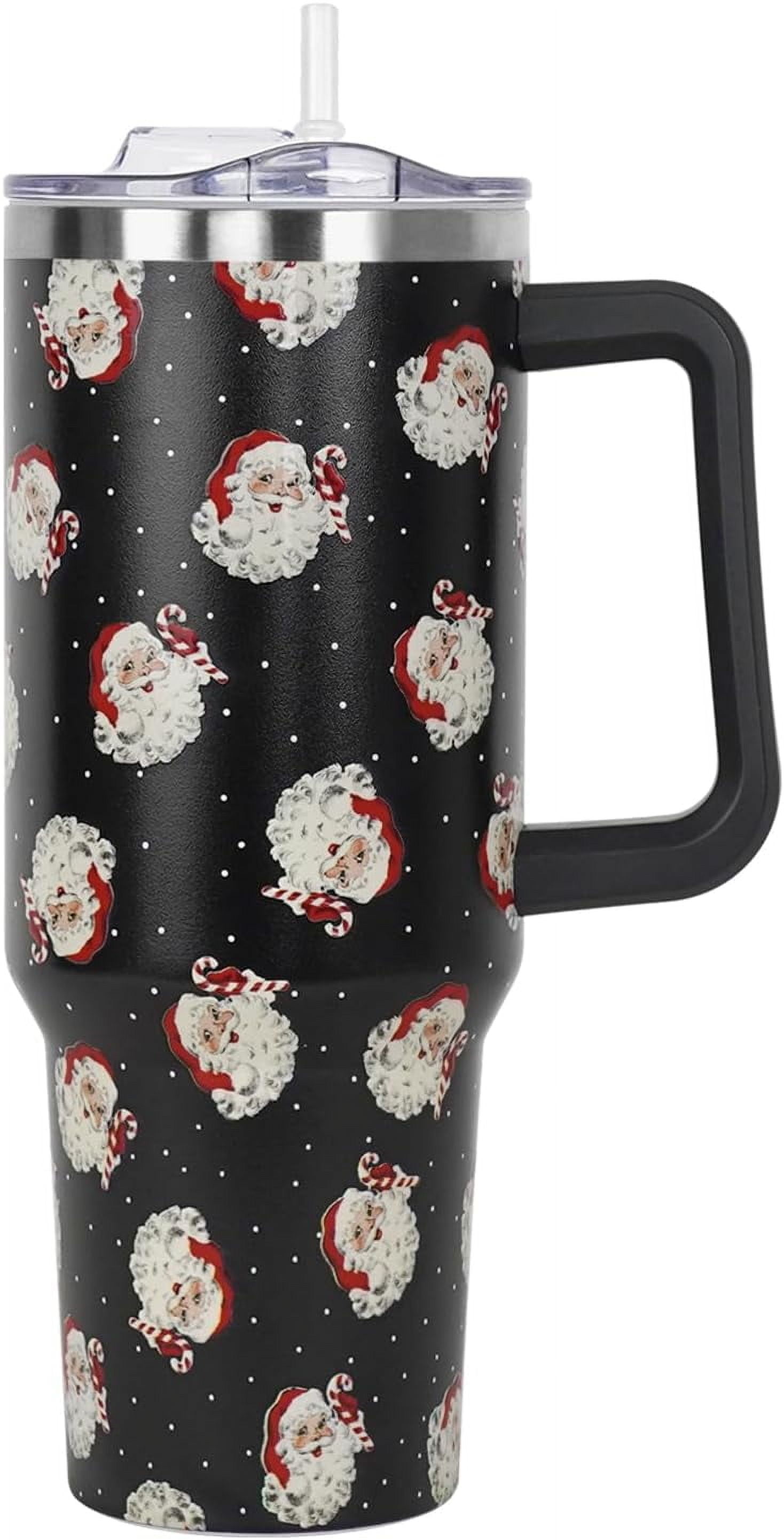 Christmas Santa Black Polka Dots Tumbler with Handle and Straw Lid 40 oz,Cute Christmas Gifts for Women Vacuum Insulated Leak Proof Tumbler,Winter Holiday Accessories Stainless Steel Coffee Cup Mug
