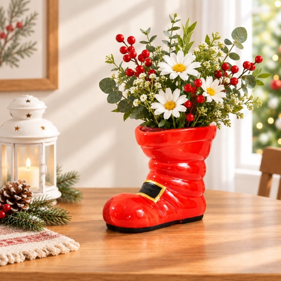 Christmas Santa Boot Ceramic Vase, Whimsical Santa Boot Flower Vase, Cute Winter Tabletop Decoration for Bedroom, Living Room, Office, Study & Xmas Home Decor