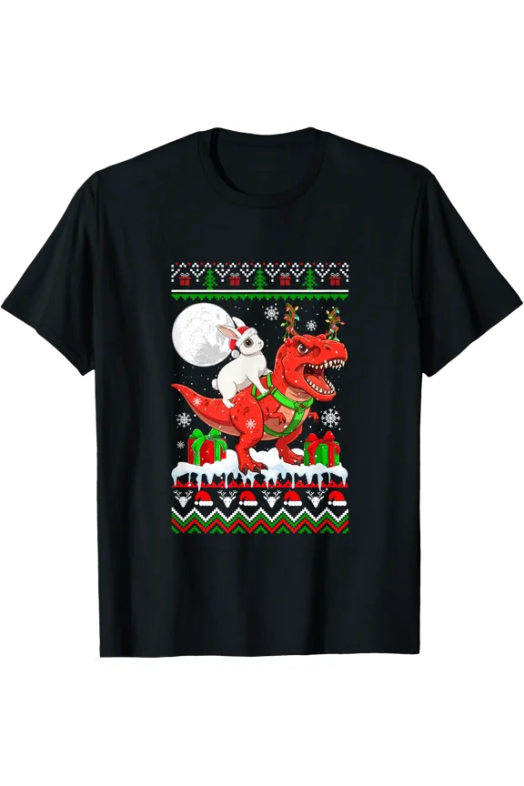 Christmas Santa Bunny Riding Rex Reindeer Holiday T-Shirt, Size S-5XL