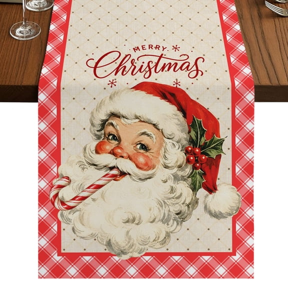 Christmas Santa Burlap Cotton Table Runner 13x36 Inches Short, Red Plaid Buffalo Snowflake Xmas Berry Farmhouse Table Runners, Outdoor Dining Tablecloths Decor for Baby Shower/Party/Wedding