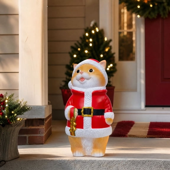 Christmas Santa Cat Resin Figurine 7.87in Orange Tabby in Santa Outfit for Porch Mantel Home Indoor Decor