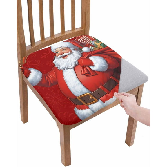 Christmas Santa Chair Seat Covers for Dining Room Stretch Chair Seat Covers Set of 6, Red Xmas Santa Claus Winter Gifts Chair Seat Protector Cushion Slipcovers for Kitchen Restaurant Office
