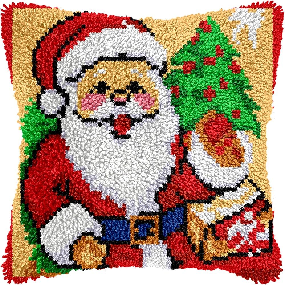 Christmas Santa Clau Latch Hook Pillow Kits for DIY Handmade Throw Pillow Cushion Embroidery Latch Hooking Pillowcase Kits with Preprinted Canvas Crochet Yarn Kits 17''X 17''(g261)