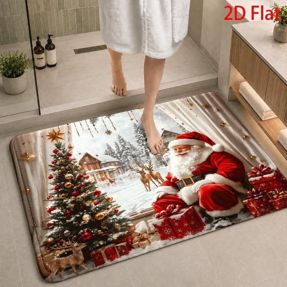Christmas Santa Claus Bath Rug Suitable for Bathrooms, Festive Red White Snowflake Mat