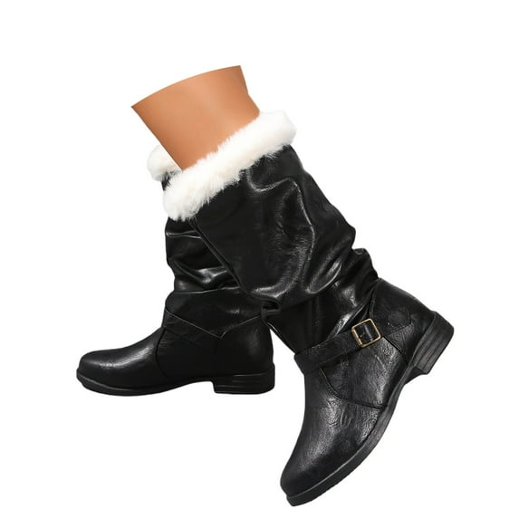 Christmas Santa Claus Boots Men's Wide Calf Santa Combat Boots with White Plush Cuffs Foot Bells Buckle Strap With Belt Buckle Collar Lined Ankle Booties For Cold Weather Comfort