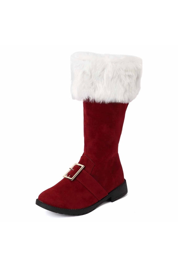 Christmas Santa Claus Boots Men's Wide Calf Santa Combat Boots with White Plush Foot Bells Buckle Strap for Halloween Christmas