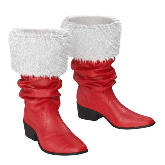 Christmas Santa Claus Boots Men's Wide Calf Santa Combat Boots with White Plush Foot Bells Buckle Strap for Halloween Christmas