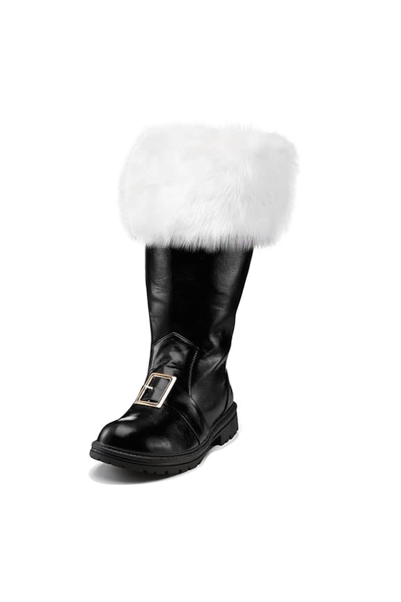 Christmas Santa Claus Boots Men's Wide Calf Santa Combat Boots with White Plush Foot Bells Buckle Strap for Halloween Christmas