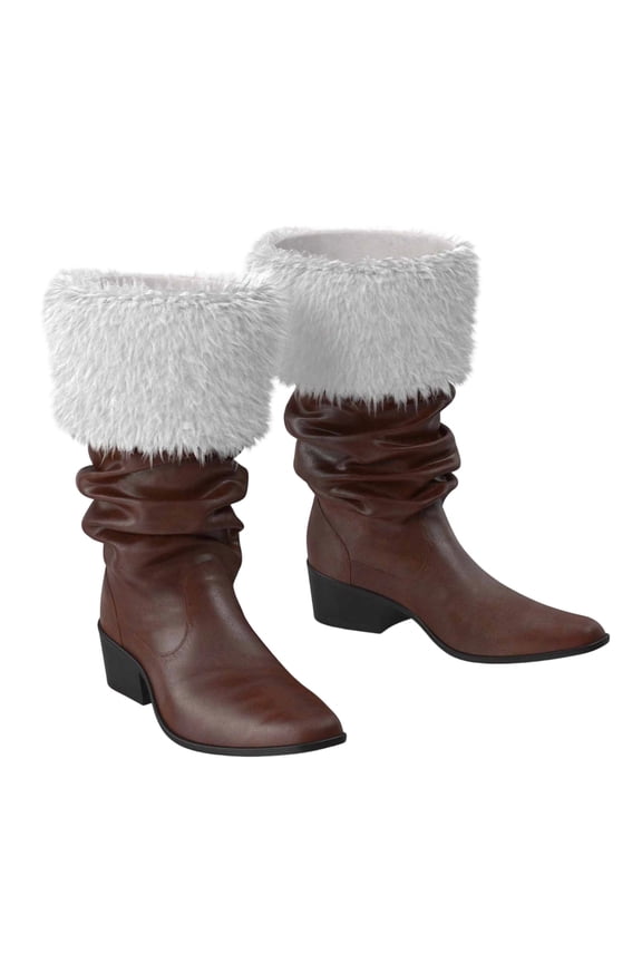 Christmas Santa Claus Boots Men's Wide Calf Santa Combat Boots with White Plush Foot Bells Buckle Strap for Halloween Christmas